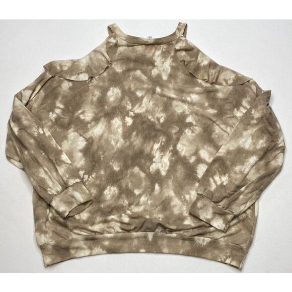 White Birch Beige Taupe Cream Tye Dye‎ Ruffle Cold Shoulder Top Sz 1X - Picture 6 of 7
